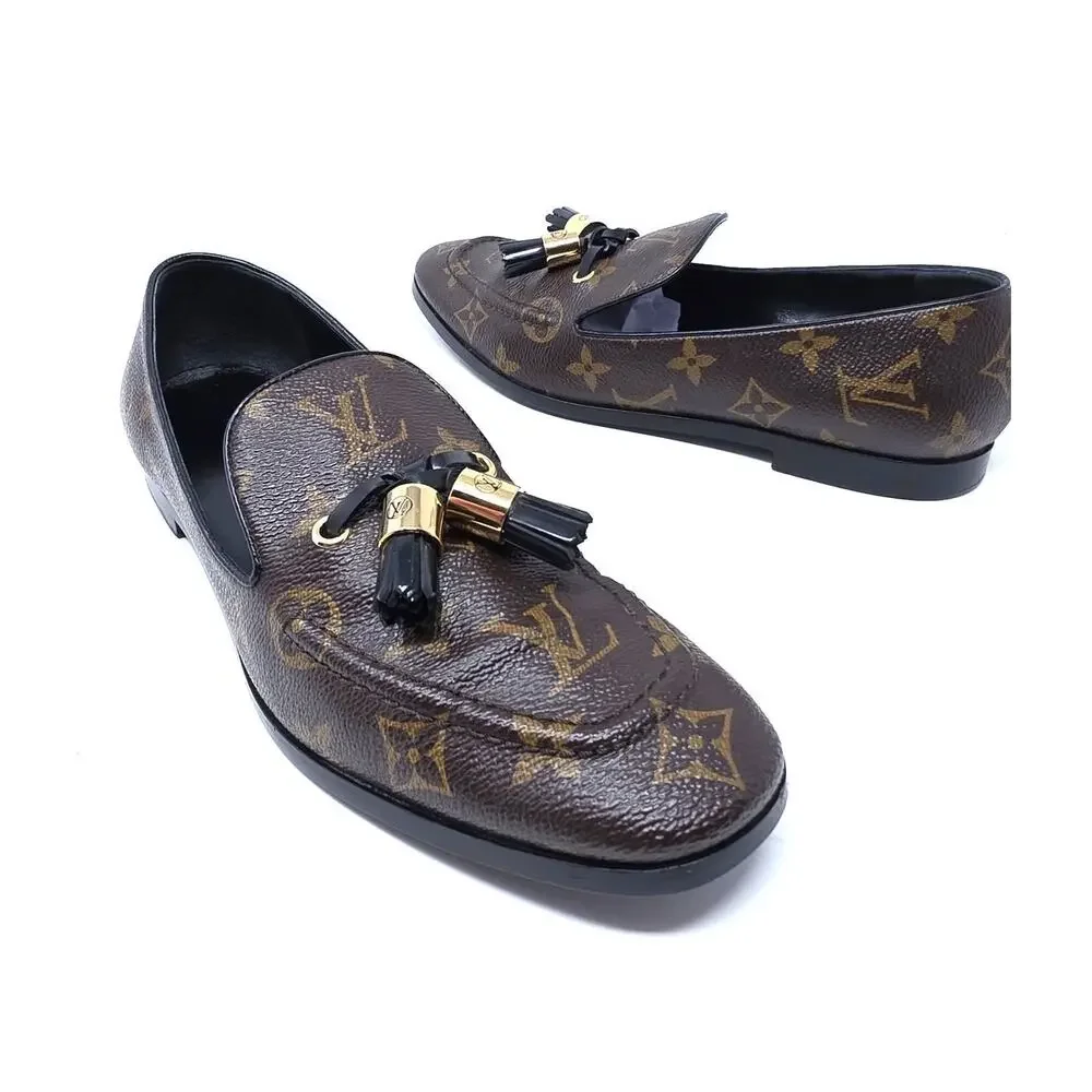Louis Vuitton Monogram Tassel Loafers Society Canvas LV Logo Slip Flats 37.5 7.5